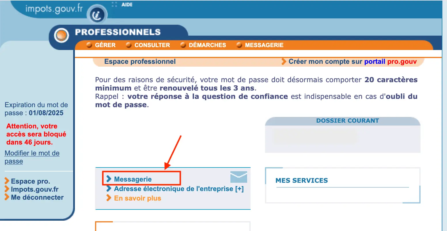 Aperçu de l'espace entreprise sur le site des impôts