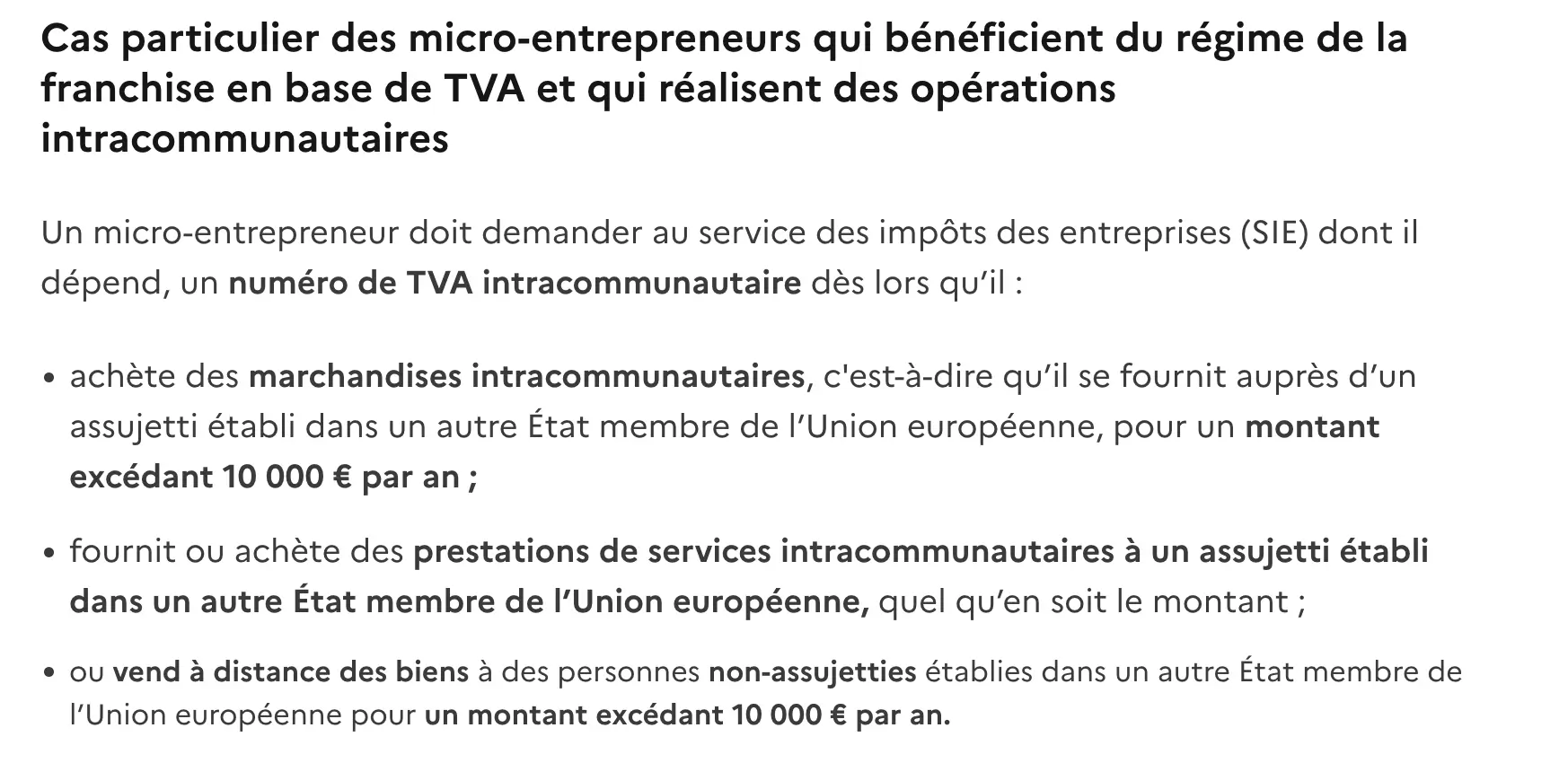 Extrait article officiel des impôts au sujet de la demande de numéro de TVA