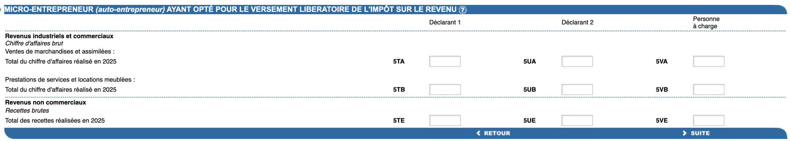 Capture d'écran des cases à remplir pour le versement libératoire