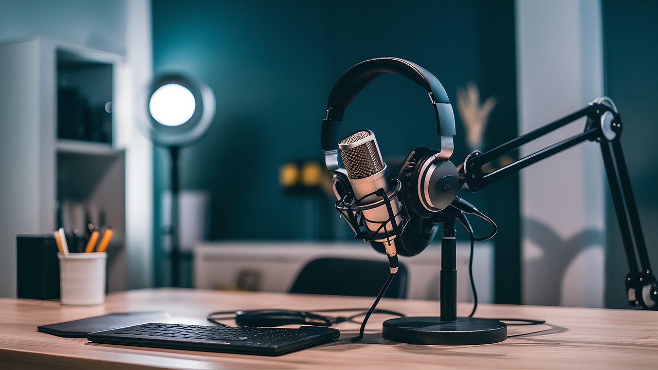 setup pour un podcast installé sur un bureau
