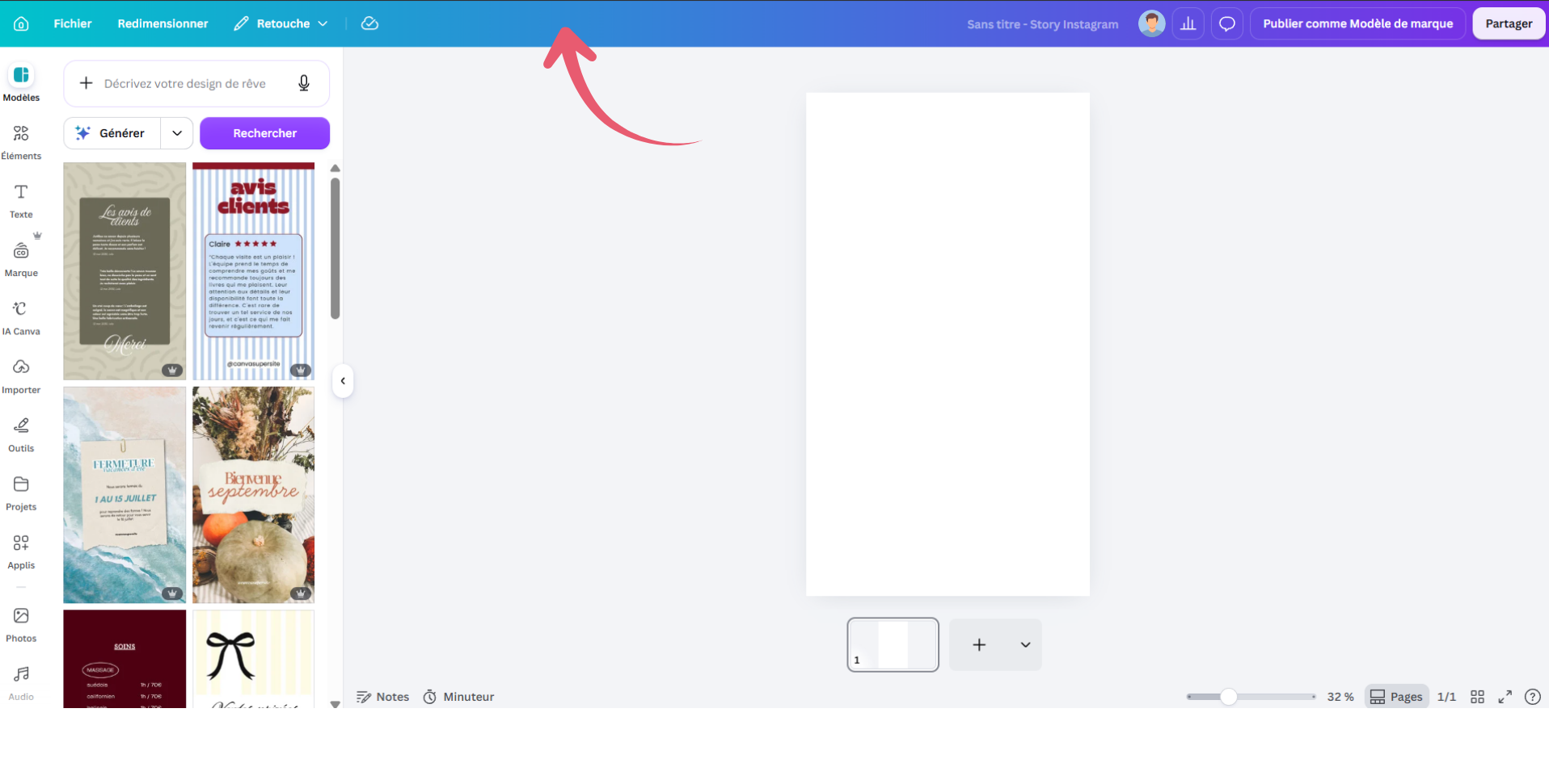 Capture de la barre d'options dans l'éditeur Canva