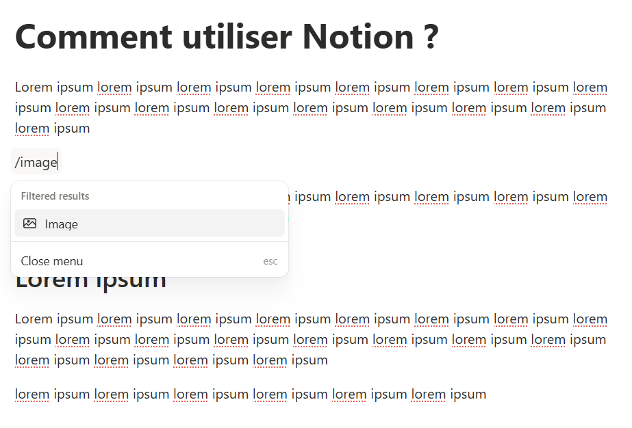 Capture d'écran sur Notion montrant la commande pour générer un bloc image