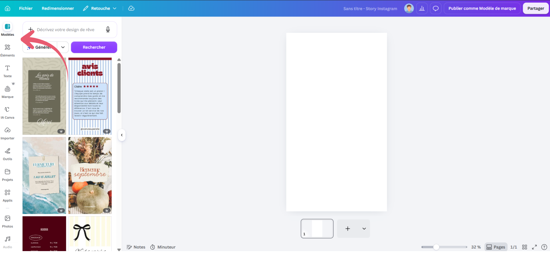 Capture du menu latéral dans l'éditeur Canva