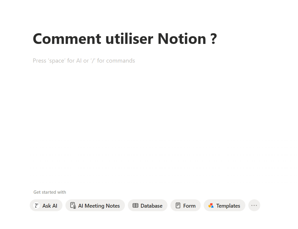 Page blanche lorsqu'on démarre sur Notion. Seul le titre ici est renseigné