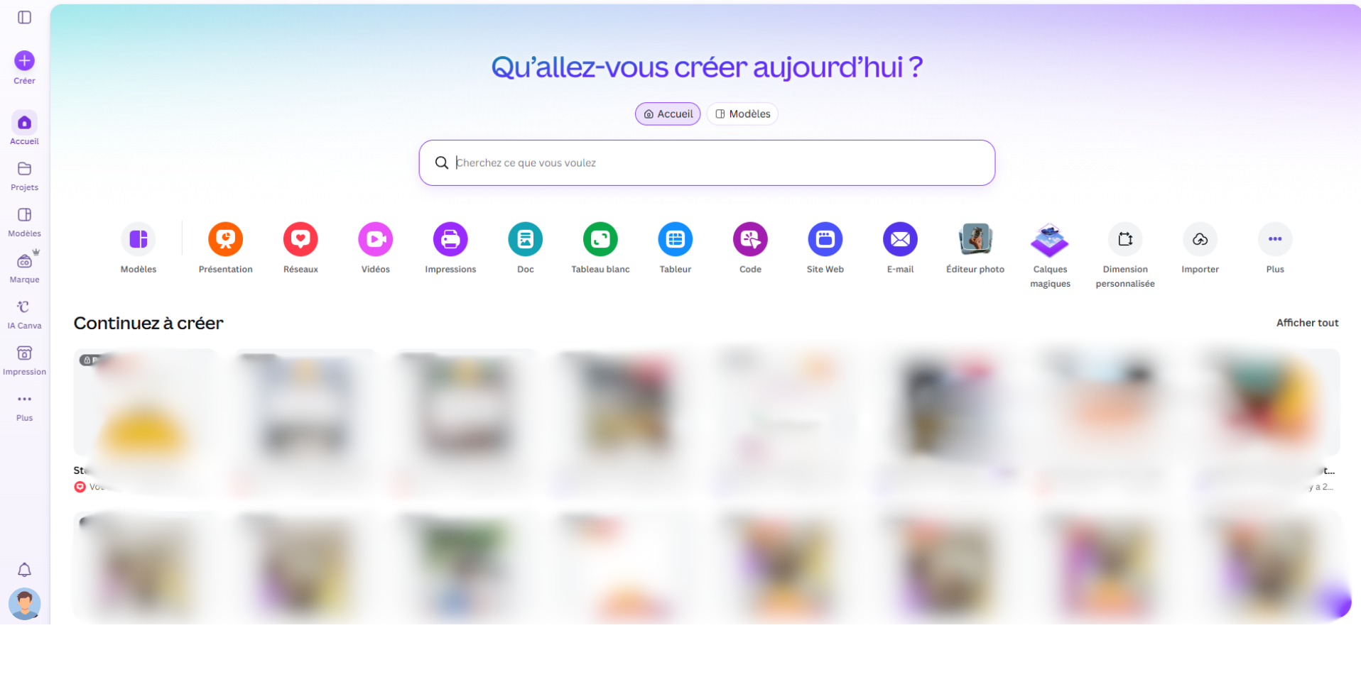 Capture d'écran de la page d'accueil de Canva
