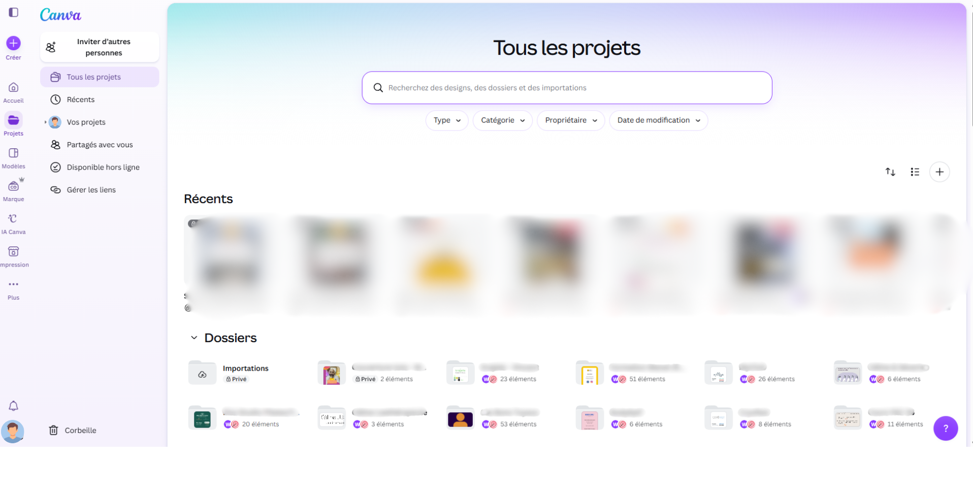 Page "Projets" de l'interface Canva