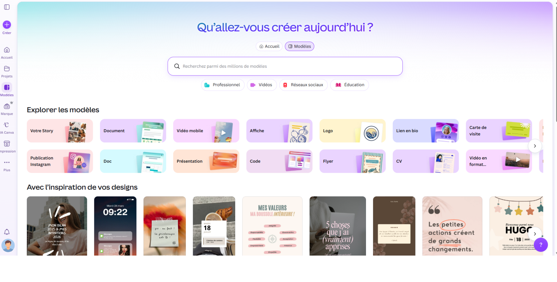 Page "Modèles" de l'interface Canva
