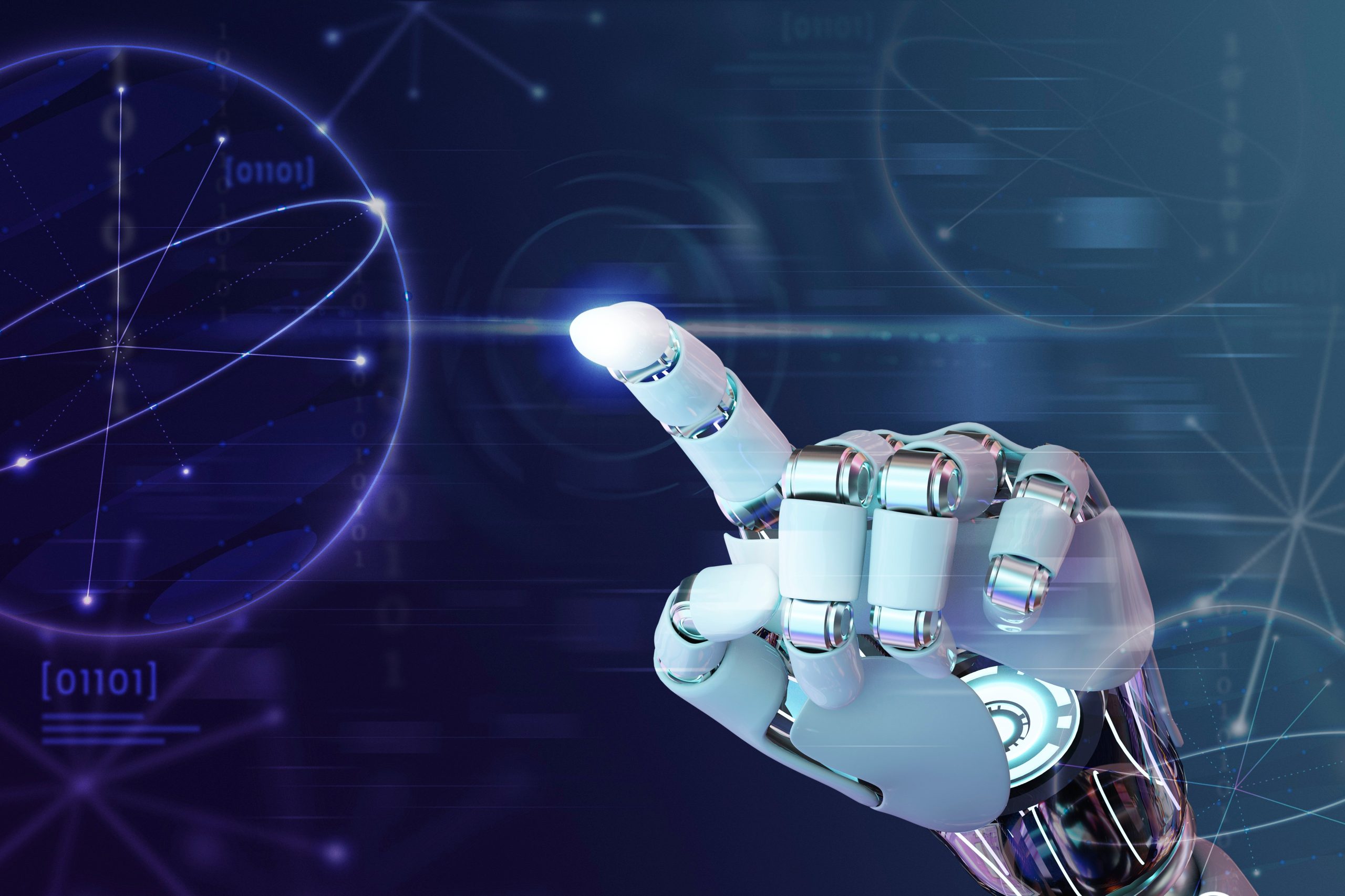 Main d'un robot représentant l'IA et touchant le centre de l'image